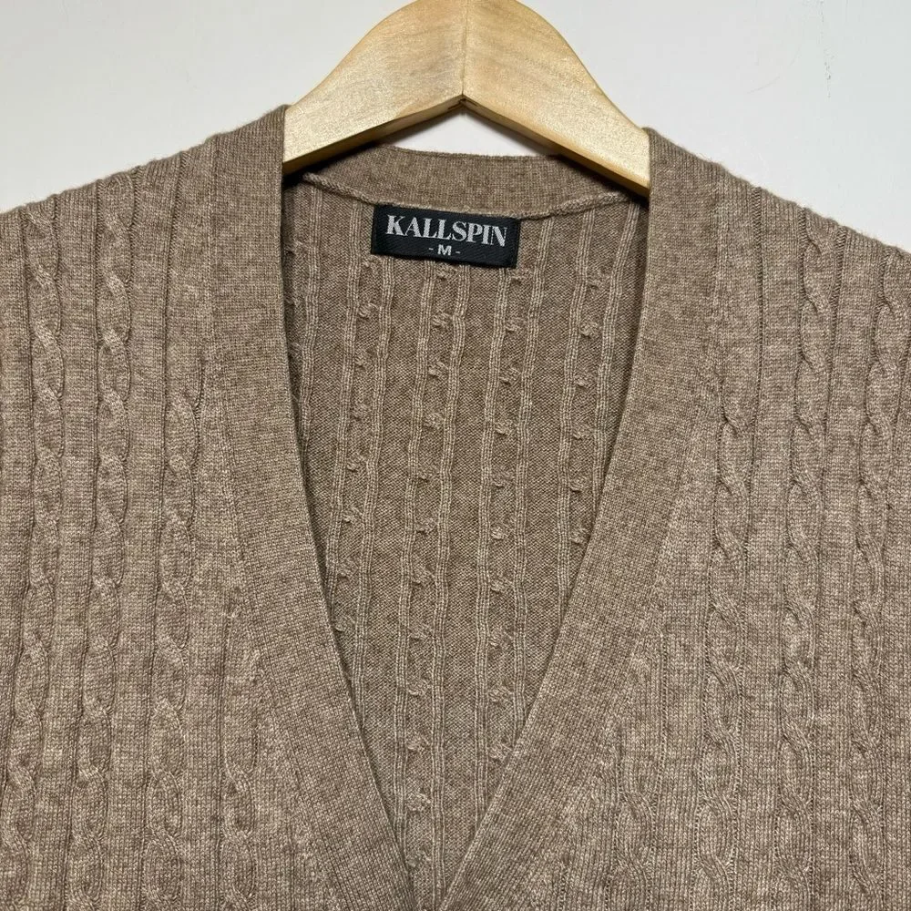 Kallspin Cable-Knit Vest Cashmere Wool Blend Cardigan in Beige Tan M NWOT